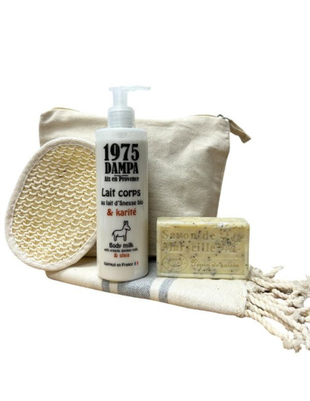 Cofanetto cura del corpo – Latte corpo, sapone di Marsiglia, spugna esfoliante